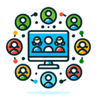 kolorowa ikona przedstawiająca monitor z obrazem trzech osób, dookoła niego - 8 kolorowych kół z symbolicznymi portretami ludzi, przedstawiająca w ikoniczny sposób kurs online